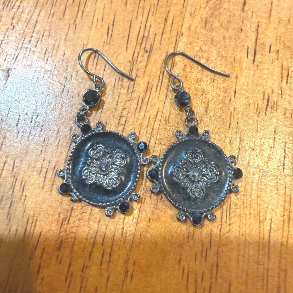 Gunmetal Gothic Filigree Drop Earrings Black Rhinestone Victorian Medallion